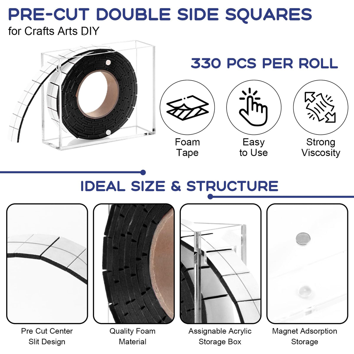 HKSZEH Double Sided Foam Tape for Crafts 0.4 X 0.5 in Pre Cut Double Sided Foam Squares Roll with Acrylic Storage Box Foam Adhesive Squares for Crafts Arts DIY Office Supplies