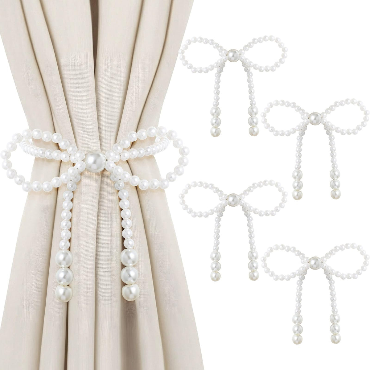 Lewtemi 4 Pcs Pearl Bow Magnetic Curtain Tiebacks Decorative Curtain Holdbacks No Drill for Mother's Day Home Outdoor Bedroom Office (Bowknot)