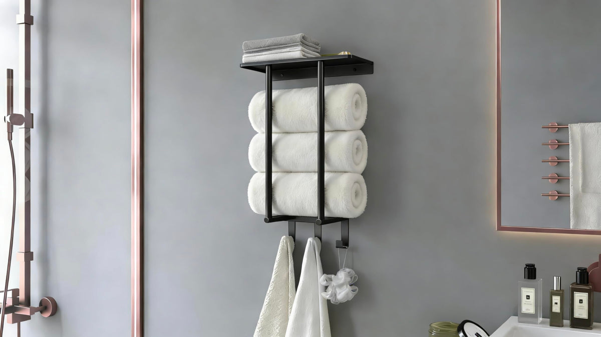 Towel Racks for Bathroom, Bathroom Towel Rack Wall Mounted with Metal Shelf and 3 Hooks for Small Bathroom, Black