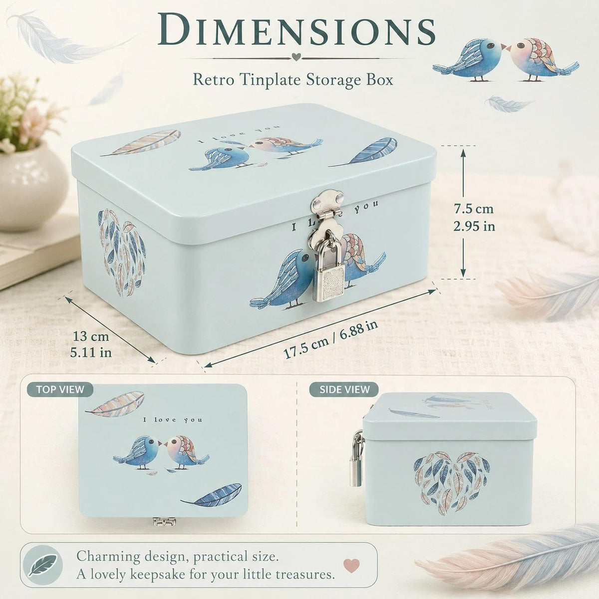 LOGOFUN Retro Style Rectangle Tinplate Storage Box with Padlock Two Birds Pattern Small Metal Keepsake Container Tin Case for Kids Girls Boys Gifts