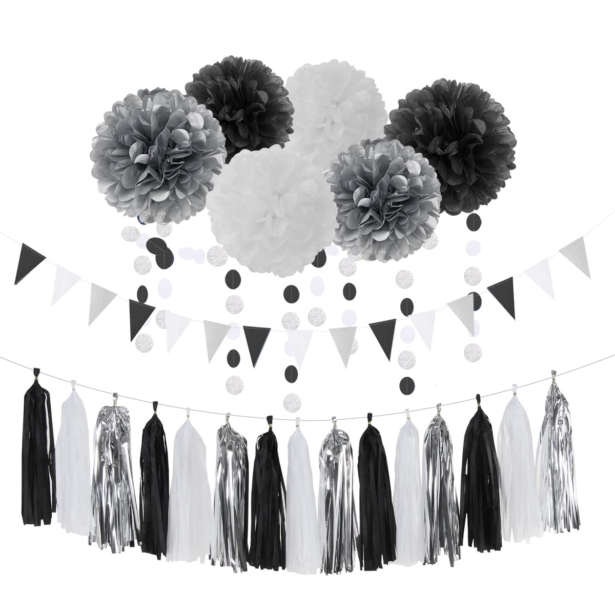 Black White Silver Party-Decorations Streamers - 23pcs Tissue Pom Poms, Graduation Men Boys Birthday Tassel Garland Banner,Wedding Baby Bridal Shower New Years Decor Lasting Surprise