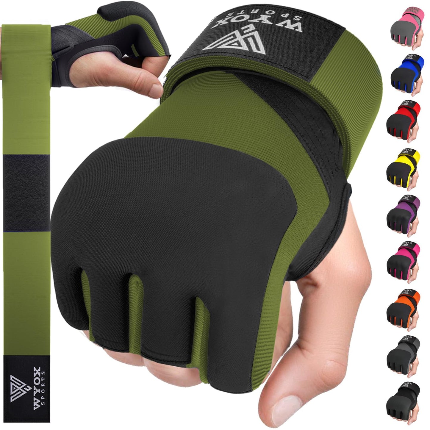 WYOX Gel Boxing Hand Wraps Inner Gloves for Men & Women, 80cm Quick Wrist Straps, Padded Knuckle Protection for Muay Thai Kickboxing, Hand Wraps for Boxing & Martial Arts (Army Green, L/XL)