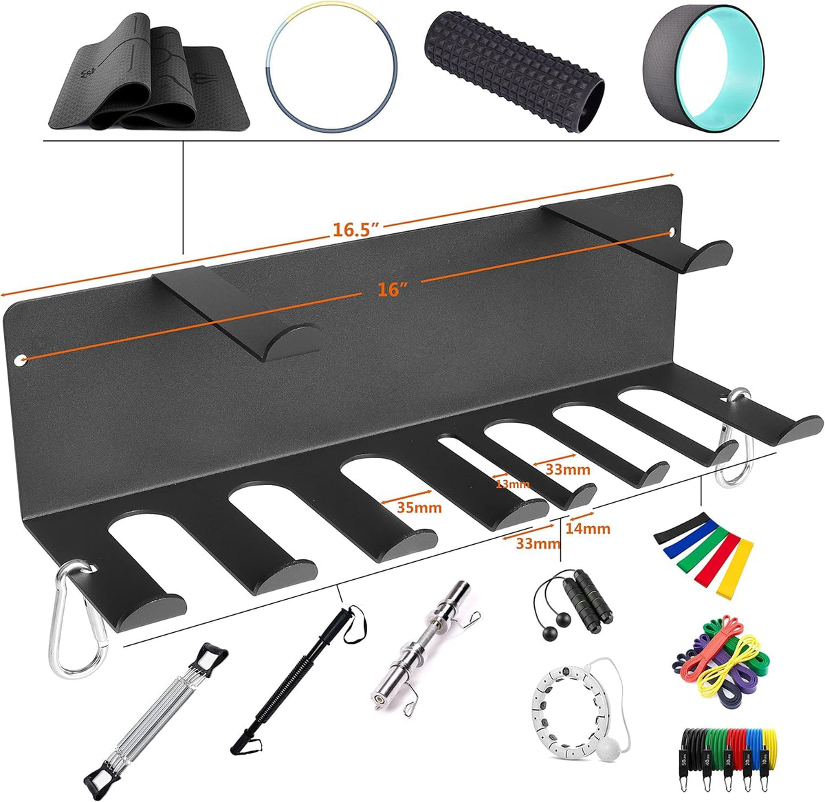 Multi-Purpose Gym Equipment Storage Rack Resistance Bands Storage Hanger Barbell Rack Heavy Duty Gym Rack for Exercise Bands, Lifting Belts and Jump Ropes (Double Layer Black)