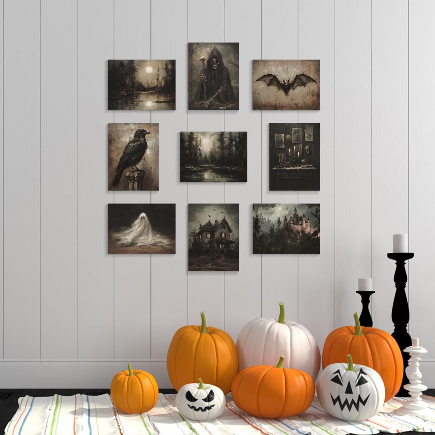 abrtolpffo Halloween Wall Art Halloween prints 9 Pieces 8x10in Dark Academia Wall Decor, Spooky Ghost Witch Raven Bat Haunted House Pictures, Dark and Moody Forest Landscape Art Gothic Decor