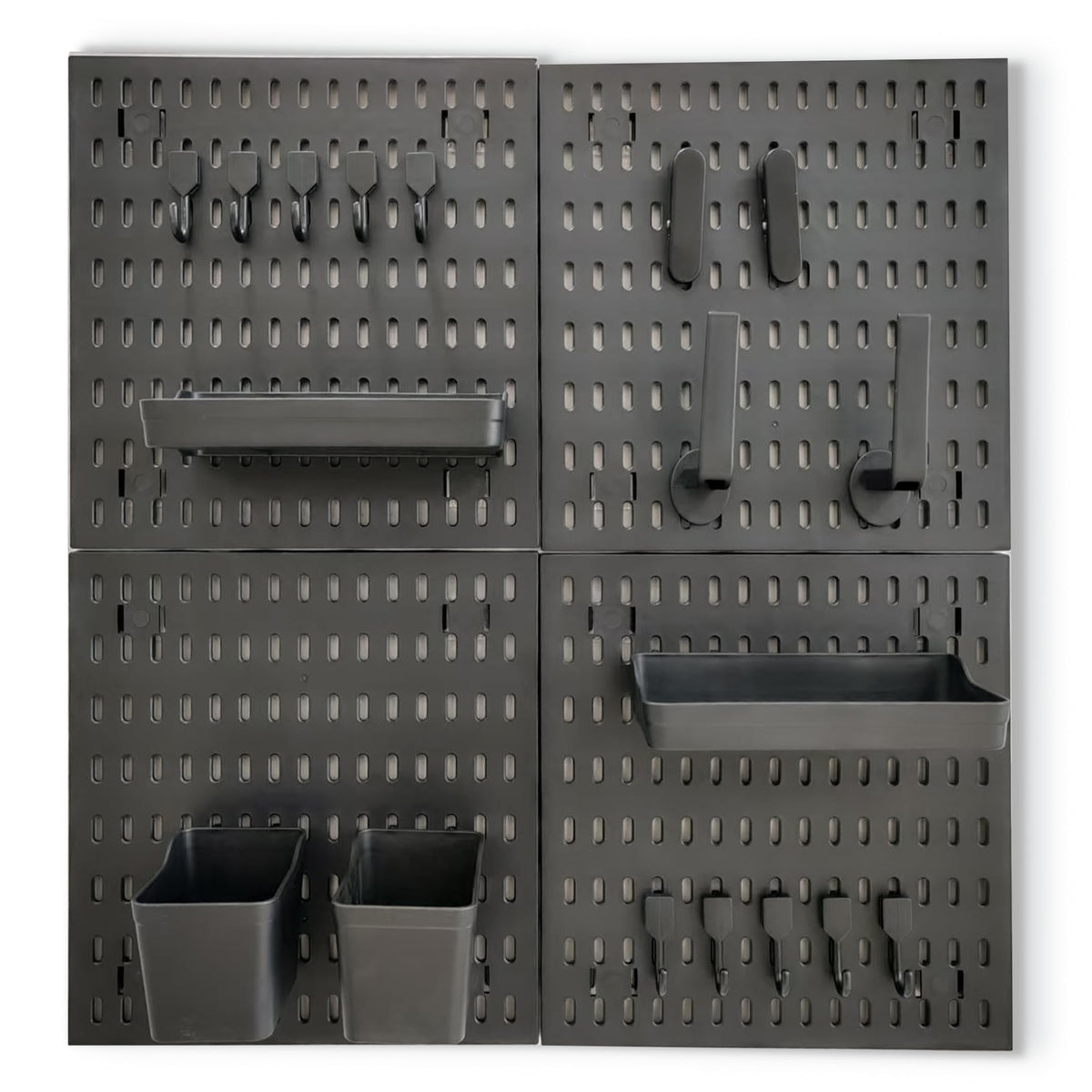 ANTHOSPACE Black Pegboard Organizer Set with Hooks & Storage Boxes, Desk or Wall Peg Board Panels for Tools, Crafts, and Office Supplies – 4 Boards (30×30 cm Each)