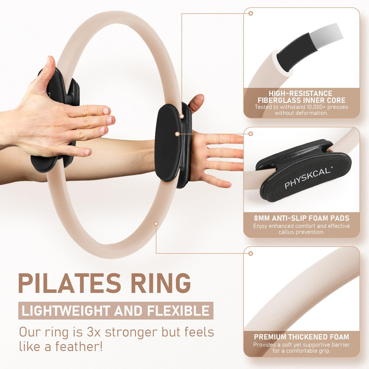 PhysKcal Pilates Ring, 15-Inch Magic Circle with Extra Thick Padded Handles, Pilates Equipment for Toning Inner Thighs, Arms and Strengthening Cores- Workout Guide Included (Nude)