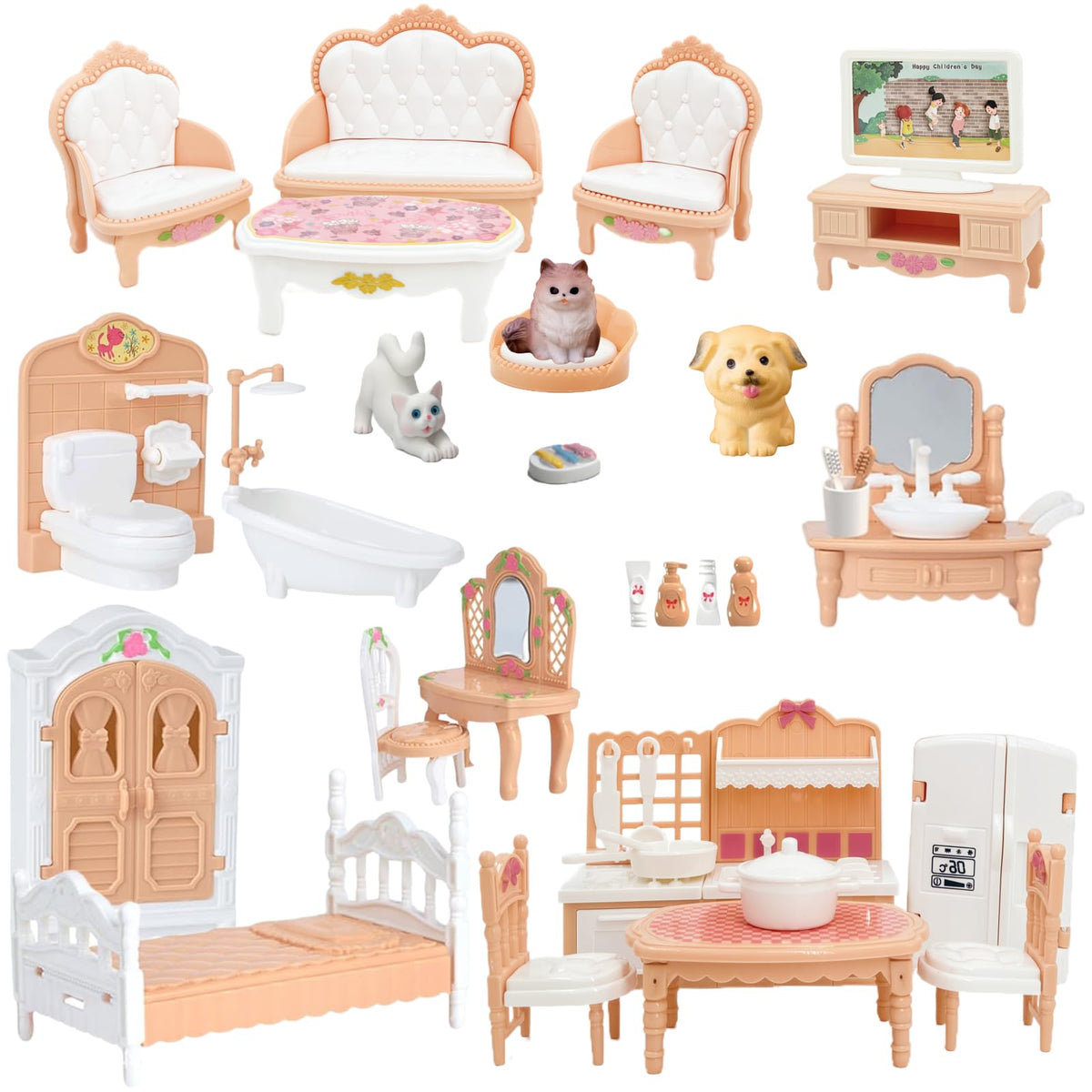 Xadothat Dollhouse Furniture Set, Complete Room Collection with Kitchen, Dining, Living Room, Bedroom and Bathroom Accessories, Plastic (36-Piece Hrown)