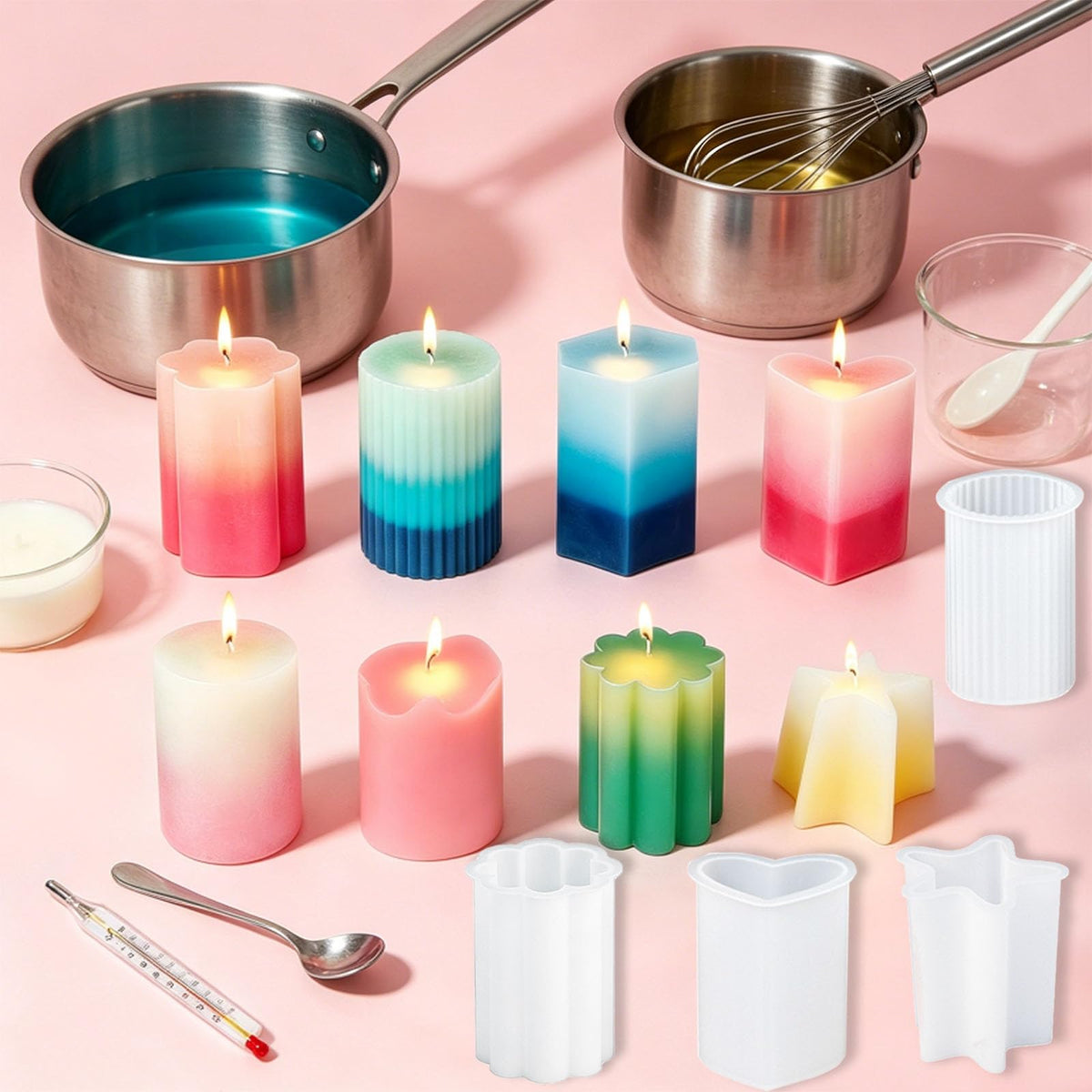 8PCS Silicone Candle Molds Set - Cylinder/Hexagon/Star/Heart/Flower/Cat Head Shapes for DIY Candle Making, Soap, Resin Crafts, Reusable and Easy Release Candle Making Kit with Multiple Shape and Sizes