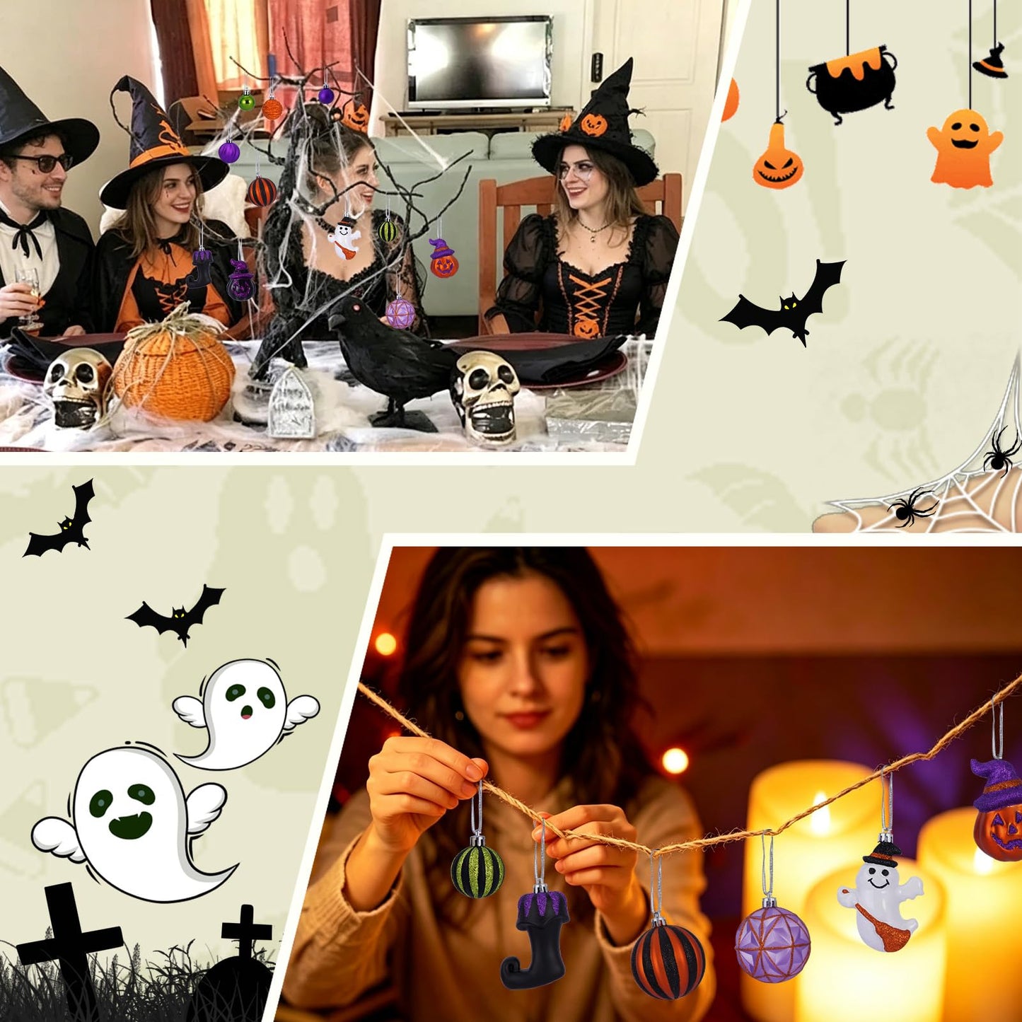 Fashlits Halloween Ball Ornaments Set, Shatterproof Halloween Tree Decorations Cute Pumpkim Ghost Spider Hanging Ornaments for Holiday Party Indoor Home Decor (35Pcs)