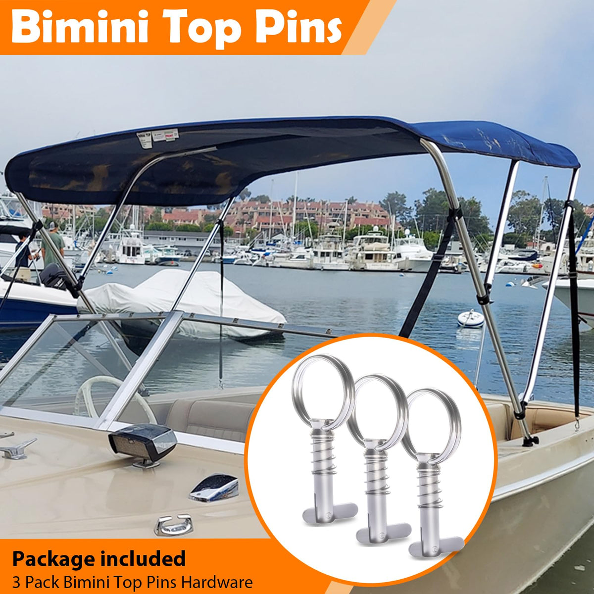 3 Pack Bimini Top Pins Hardware Stainless Steel Replacement Bimini Pins 1/4 inch Diameter Quick Release Pin