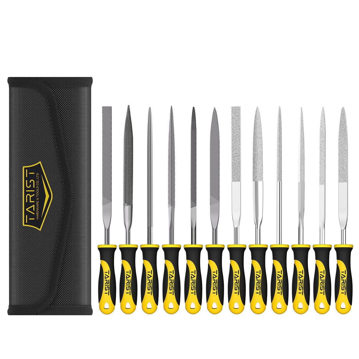 TARIST 12PCS Needle File Set with Tool Bag, Small File Set Includes 6pcs Jewlers Files & 6 Steel Files for Metal, Jewlers, Wood, Leather and Plastic