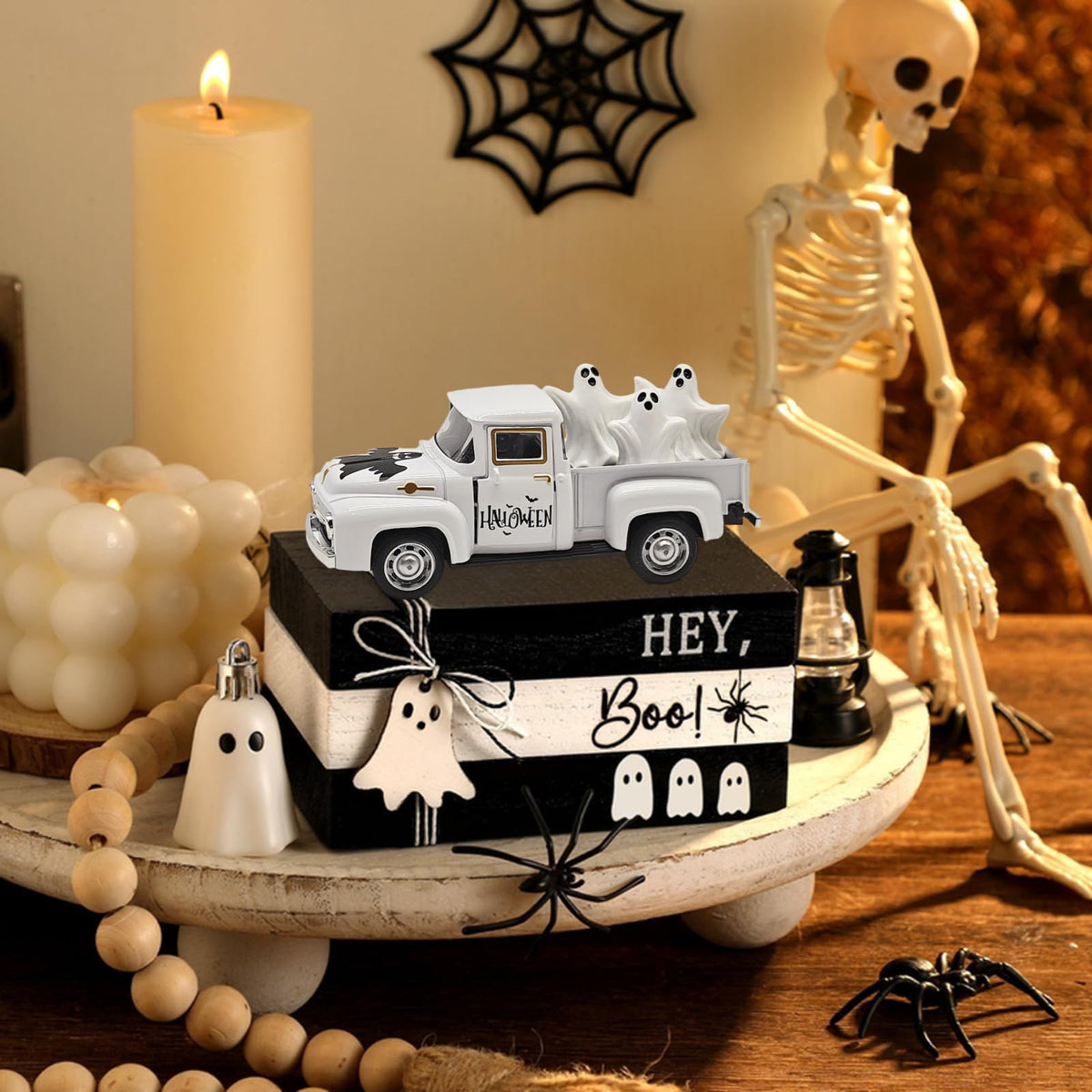 YimiBloss Halloween Decorations - Mini Cute Farmhouse Style Halloween Metal Truck Decor with 3 Removable Mini Ghost Ornaments for Tabletop, Tiered Tray, Shelf, Fireplace and Home Indoor Décor