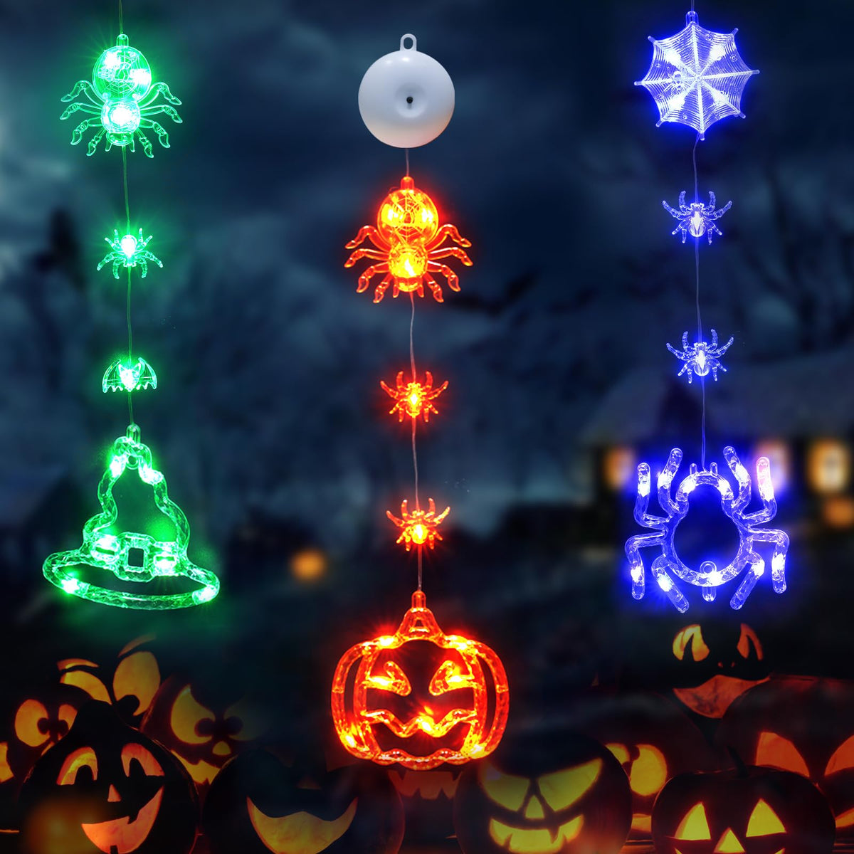 suddus 3 Pack Halloween Lights Battery Operated with Timer, Orange Pumpkin Violet Spider Green Witch Hat Halloween Decor Window Lights with Suction Cup for Home Indoor Party Decorations