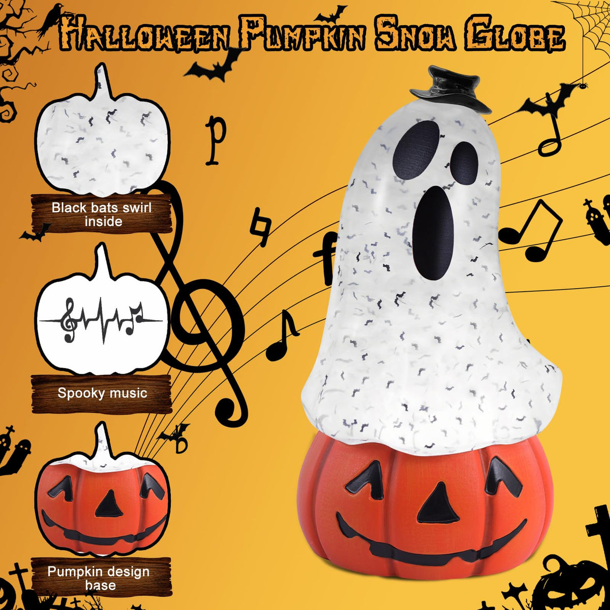 Halloween Snow Globe Lantern Spooky Glost and Pumpkin Halloween Snow Globes Musical Water Glitter Globe with 6H Timer Battery Operated or USB Powered for Spooky Home Decorations (Ghost and Pumpkin)