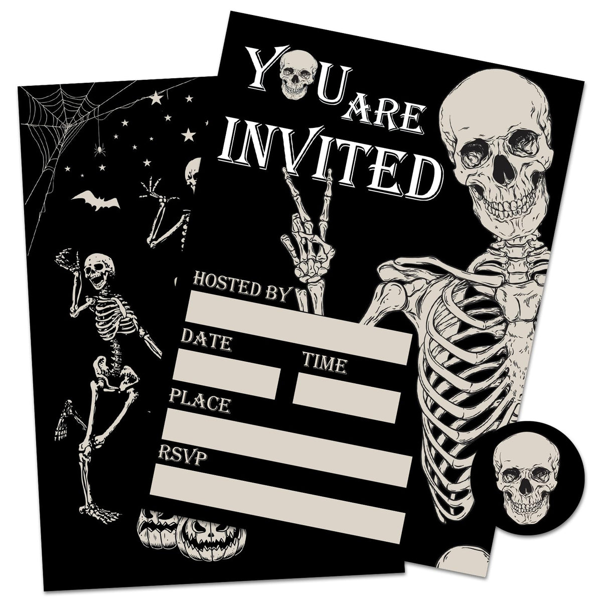 Whaline 25 Sets Halloween Invitations with Envelopes Stickers Black Dancing Skeleton Invitation Cards Blank Invites for Birthday Party Supplies, 5 x 7 Inch