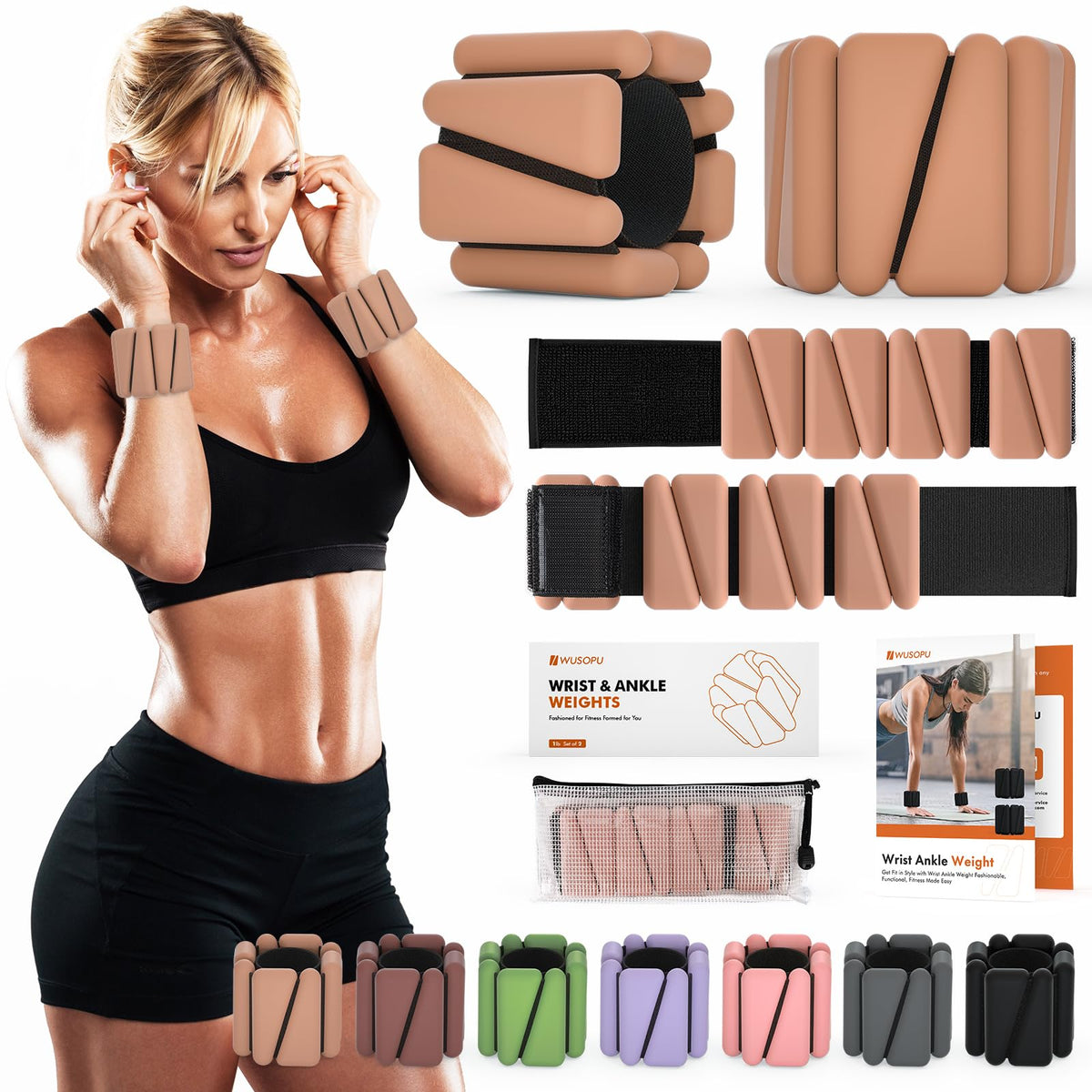 Wrist Weights, Ankle Weights for Women Men, Adjustable Wrist Weighted Bracelet for Home Gym Workout, Running, Yoga, Exercise, Strength Training, Set of 2 (1LB Each)-Light Brown