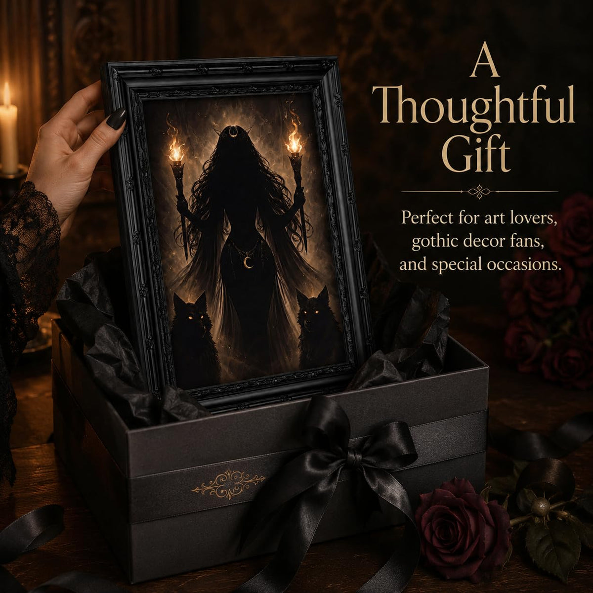 Dezrobew Gothic Witch Wall Art Dark Fantasy Black Wolves Painting Dark Academia Decor Mystical Moon Artwork Black Framed Picture for Bedroom Living Room Office 9''X11''