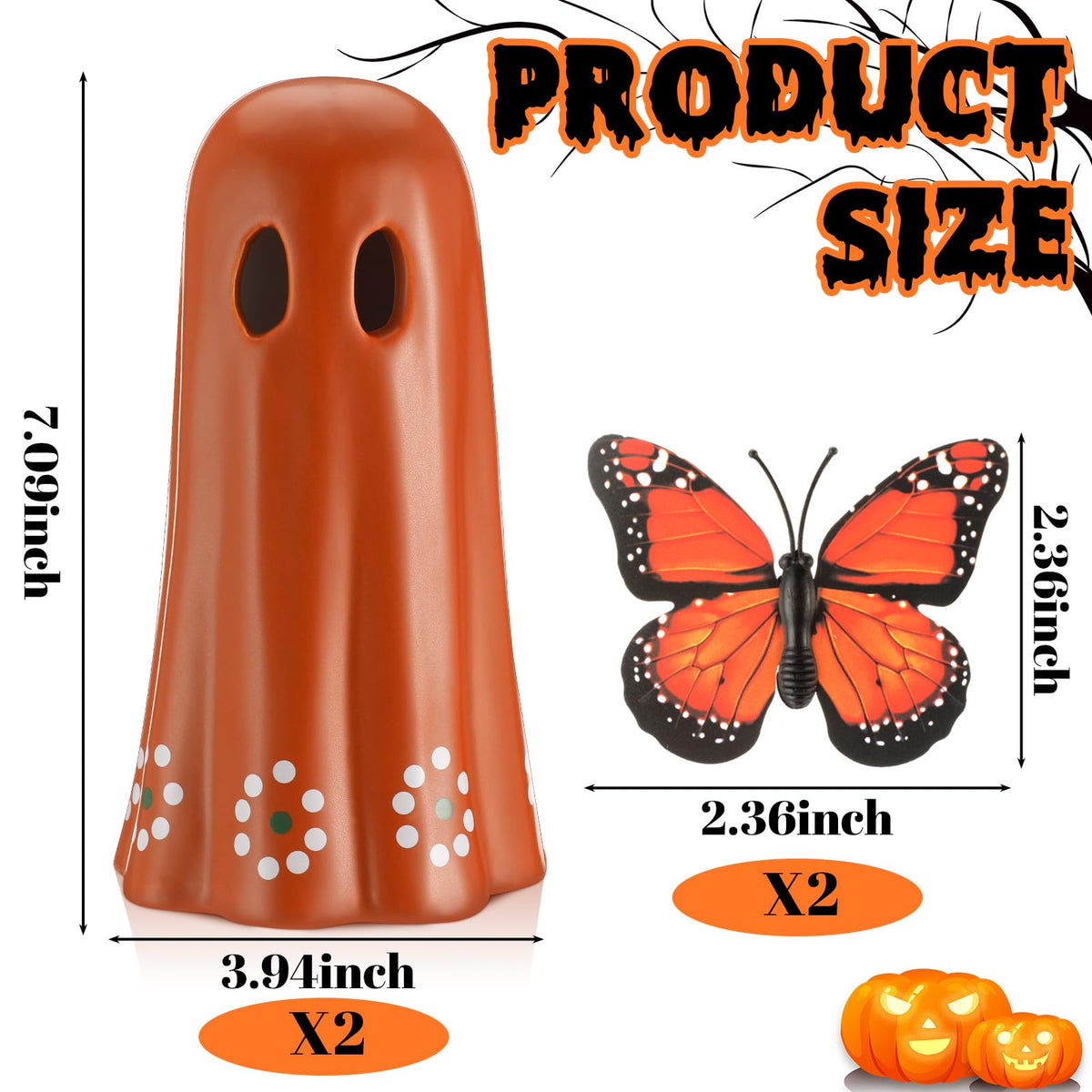 SiliFine 2 Pcs Day of The Dead Ceramic Mexican Ghost Figurine Dia De Los Muertos Terracotta Ghost Decor with Simulated Butterfly Decoration Mexican Halloween Table Decor for Home Shelf Office, 7 Inch