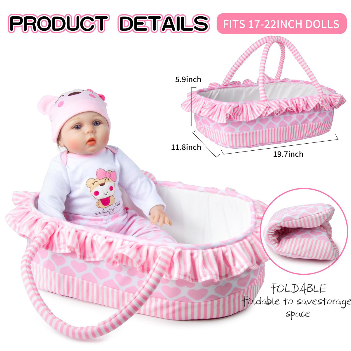 9 PCS Reborn Baby Doll Clothes Set with Pink Bassinet Accessories for 18-22 Inch Reborn Dolls,Newborn Baby Doll Clothes & Blanket