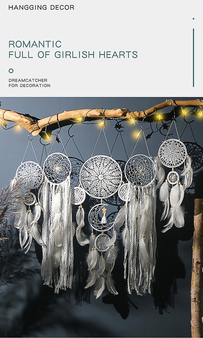 Boho Dream Catcher Wall Hanging Set of 5 Large Moon Dream Catchers with Luxurious Feathers and Beads, Handcrafted Wall Decoration for Bedrooms, Nurseries and Living Rooms (Gray)