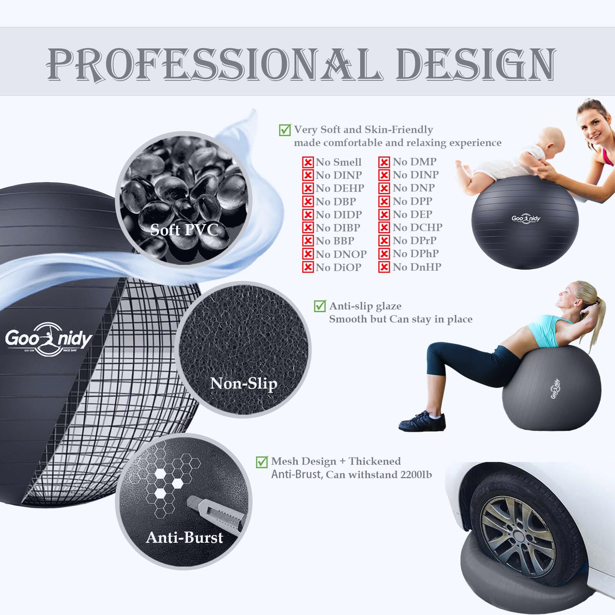 Soft Exercise Ball, Anti-Burst Pilates Yoga Ball Chair Supports 2200lb, Workout Equipment w/ Pump for Women Pregnancy, Medicine, Birthing, Physical Therapy, Stability, Excersing, Birth, Swiss, Fitness