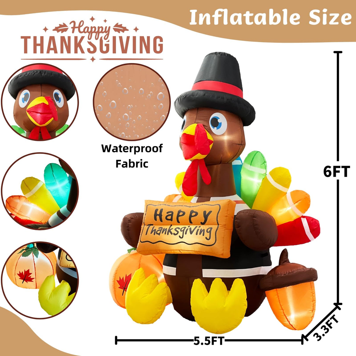 Wabolay Inflatable Turkey Lawn Decoration Thanksgiving Inflatables Outdoor Yard Decorations 6ft Giant Blow Up Turkey with Pilgrim Hat Led Light for Happy Fall Holiday Indoor Outside Autumn Décor