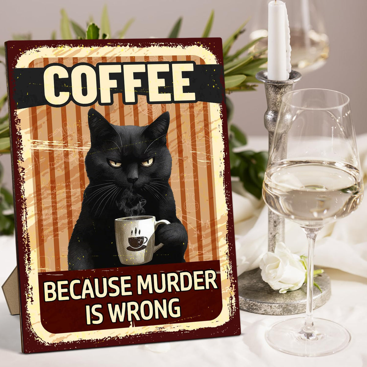 Funny Coffee Bar Sign - Because Murder is Wrong, Black Cat Wooden Desk Decor With Stand For Coffee Bar, Office Home Kitchen Tabletop Decor, 8 x 11 Inches -A040