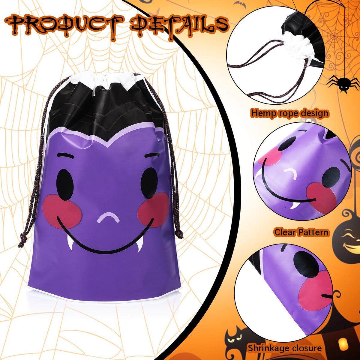 Wonderjune 75 Pcs Halloween Drawstring Treat Bags Halloween Plastic Candy Goodie Treat Sack Gift Bags for Boys Girls Birthday Holiday Theme Party Favors Supplies