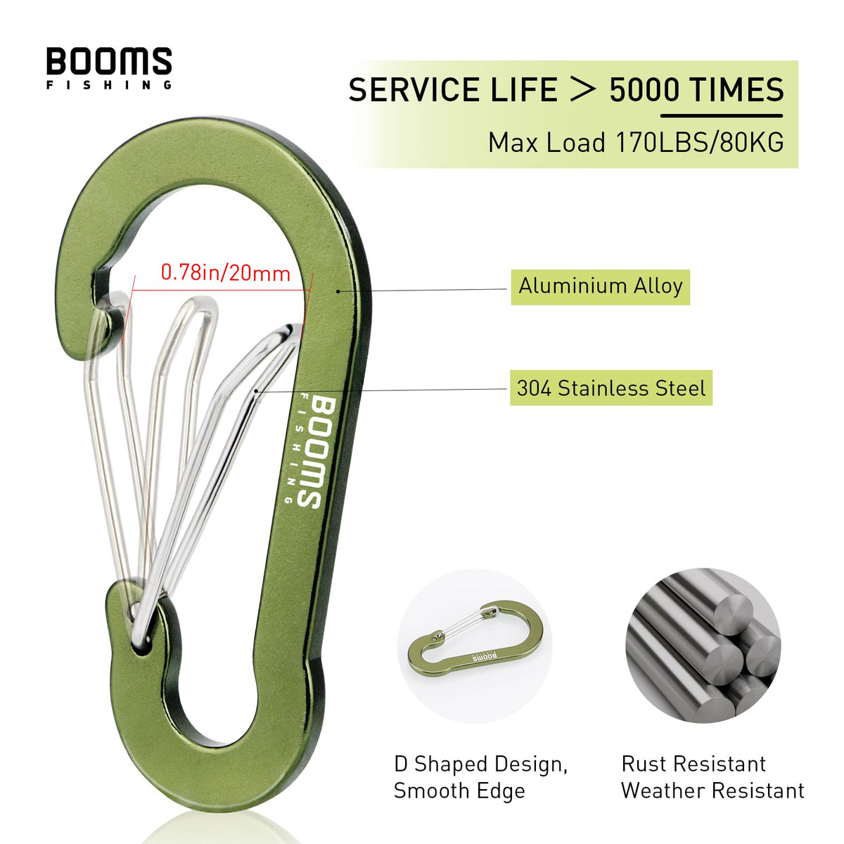Booms Fishing CC5 Multi-Use Carabiner Clips, 10 Pack 2.7" Small Caribeener Clips, Mini Keychain Caribeaner Clip, Aluminum D Ring Carabiners, Green