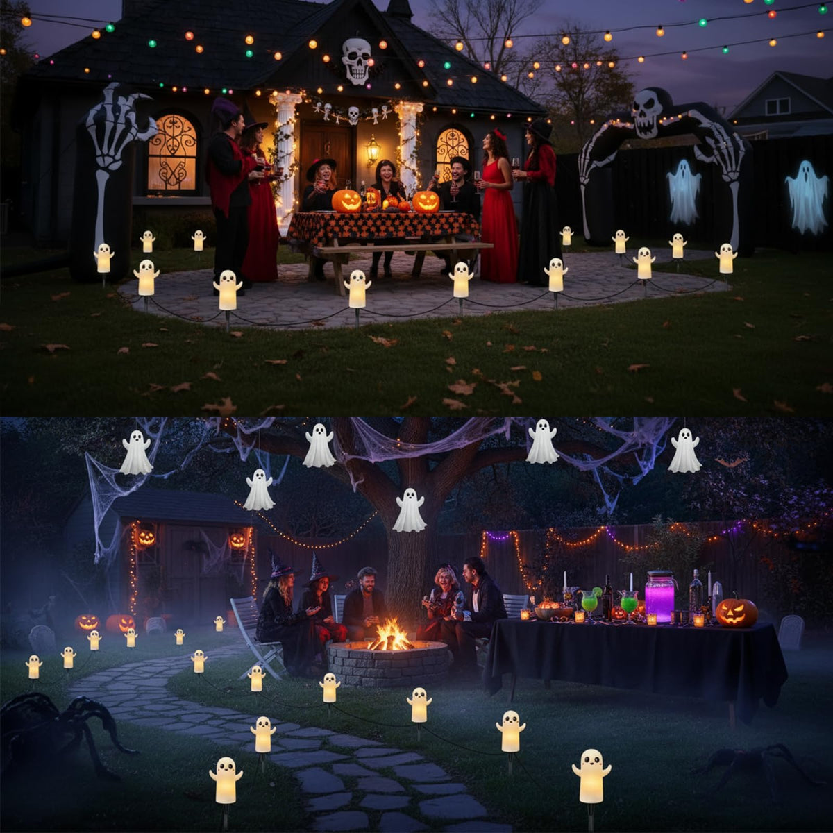 Halloween Ghosts Pathway Lights,4 Pack Ghosts Stake Lights with C7 Clear Bulbs,7Ft Extendable Waterproof Walkway Lights Halloween Decor for Yard Porch Lawn Pathway Garden