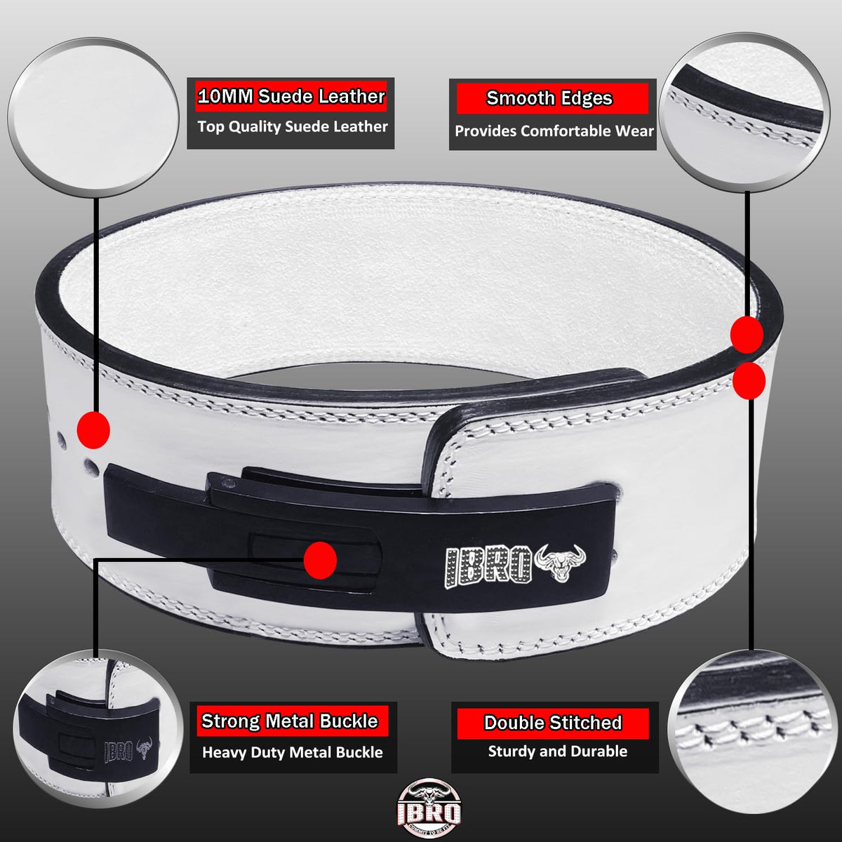 IBRO Powerlifting Lever Gym Belt – Power 10MM Extreme Heavy Duty Genuine Leather Belts - Squats Deadlifts Bodybuilding Weight Lifting IPF Power Lifting Strongman for Men 10mm AllWhite XL