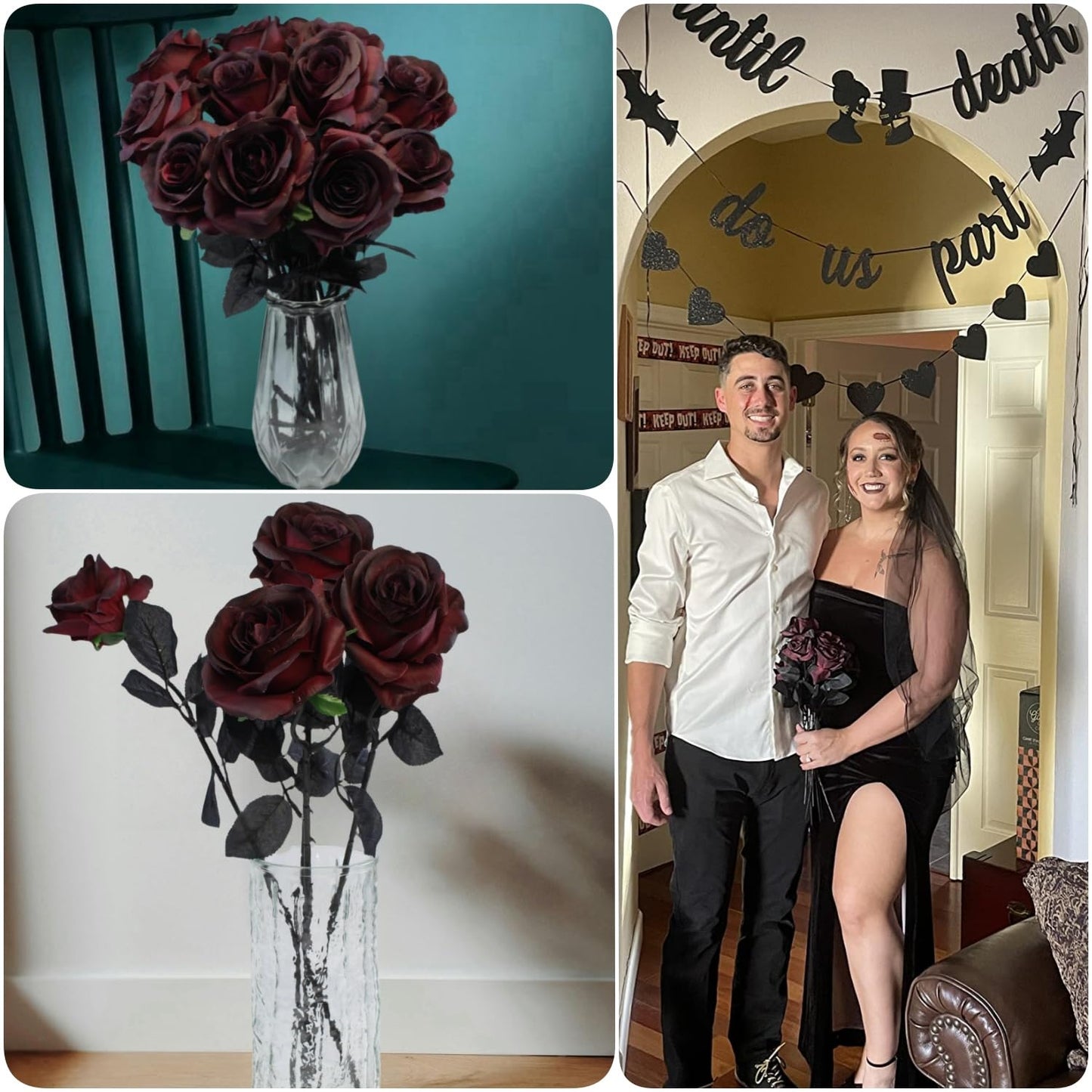 Artificial Roses Flowers, 12 Pcs Fake Burgundy Rose in Bulk, Long Stem Realistic Silk Roses Bouquet for Halloween Decoration, Fall Home Decor, Centerpieces, Flower Arrangement (Burgundy, 12-PCS)