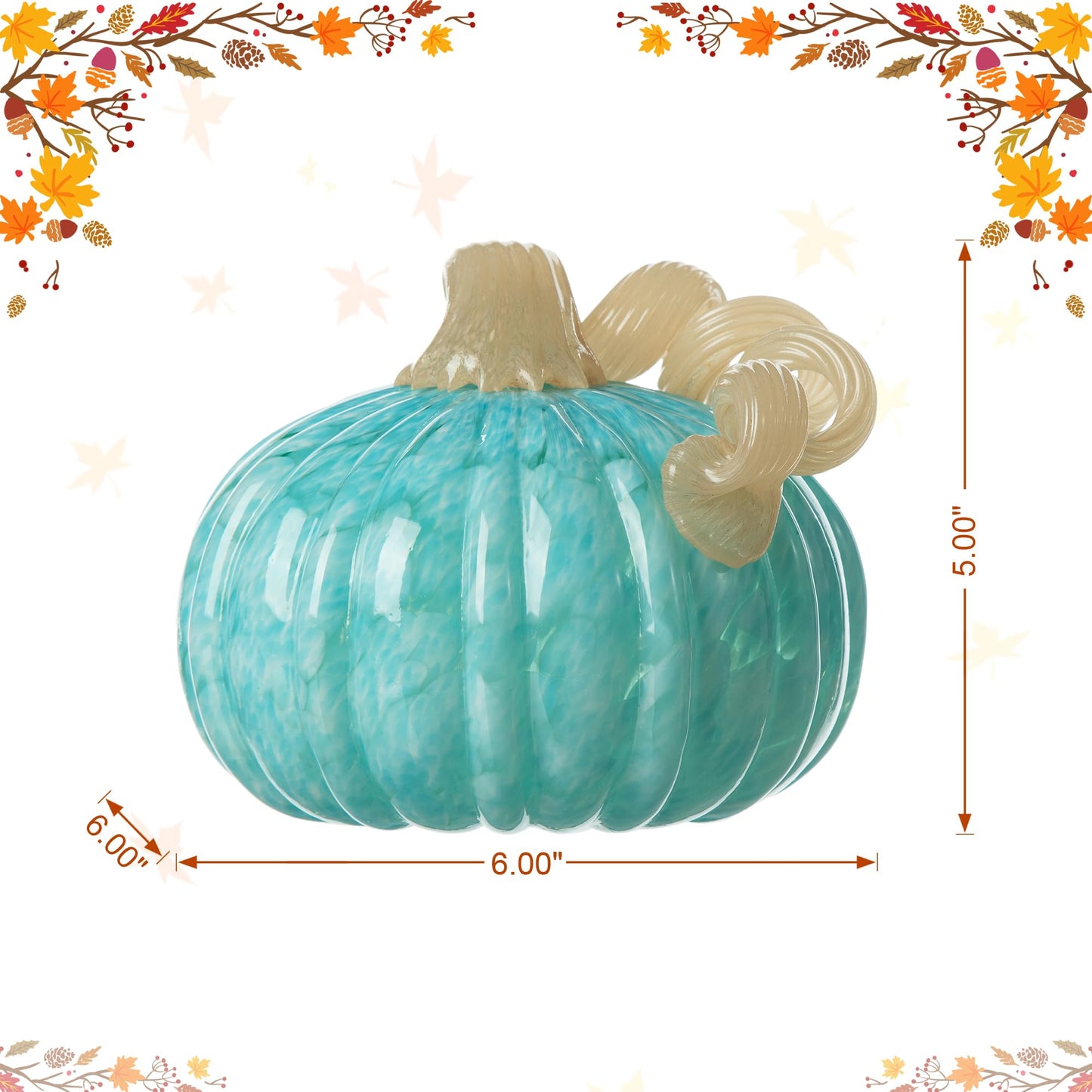 Glitzhome Hand Blown Glass Pumpkin Decor 5" Turquoise - Artisan Fall Harvest Thanksgiving Table Centerpiece Halloween Home Decor