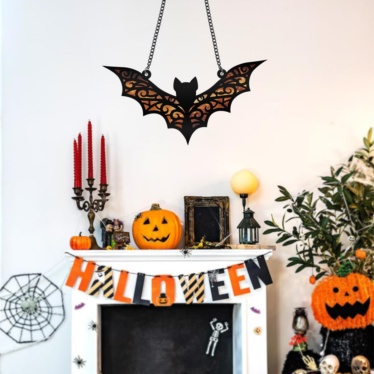 Fimewon Bat Suncatcher Bat Stained Glass Window Hanging Halloween Decorations Indoor Wall Decor Living Room Birthday Party Favors Gifts for Women, 6.3 Inch