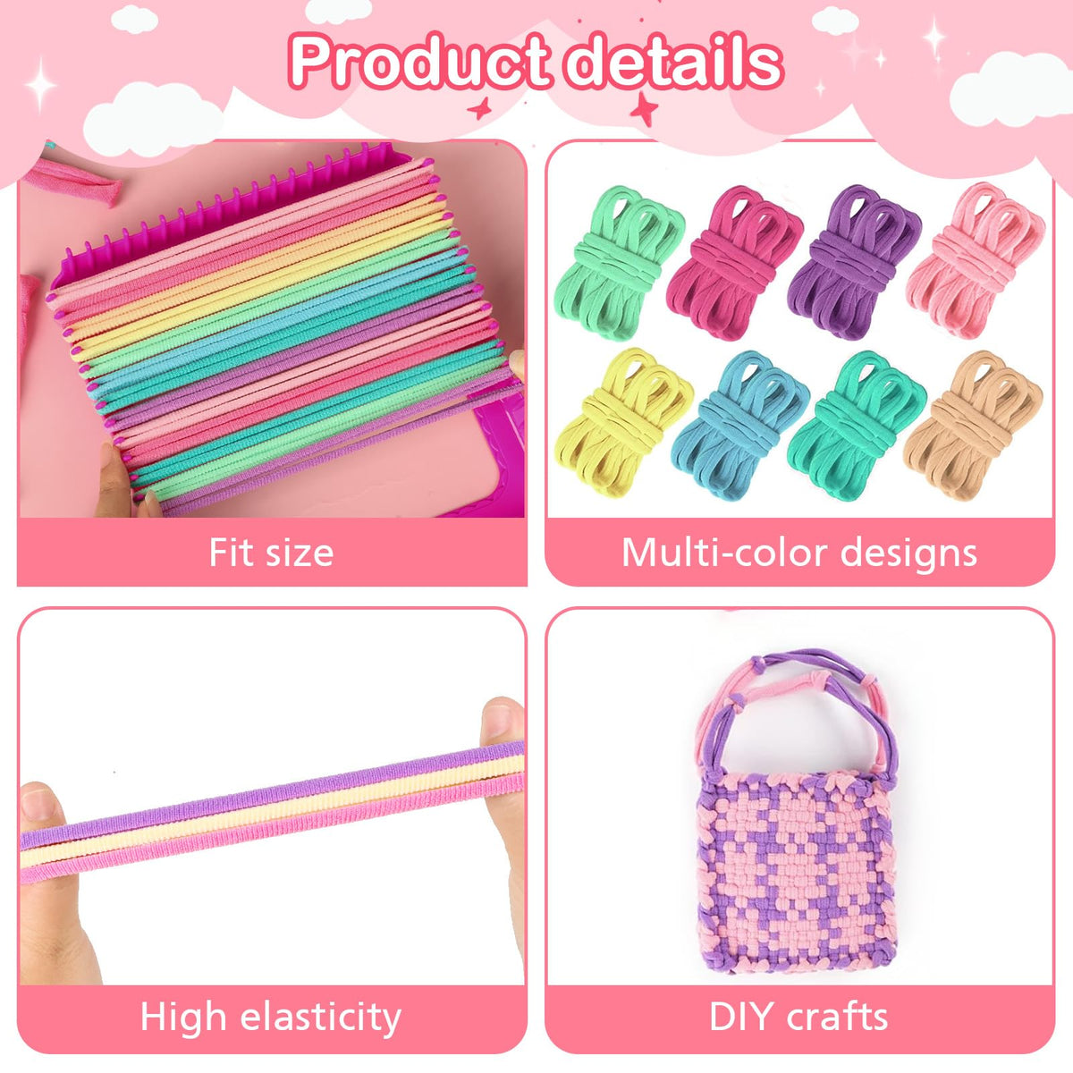 1000pcs Refill Loops for 7-Inch Weaving Loom Potholder Loop in 8 Colors, Durable Nylon DIY Kit Crafts Projects Pastel Loops Flexible Loom Kit Elastic Ideal Gifts for Girls Ages