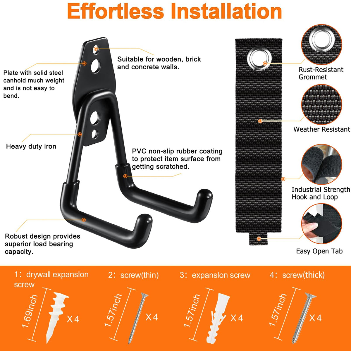 HUPBIPY Heavy Duty Garage Hooks 4 Pack, 7.7 inch U Shaped Long Hanger, with 2 Extension Cord Holder Organizer, Wall Mounted Storage System, for Power and Garden Tool Hanging， Ladders, Bikes, Hose