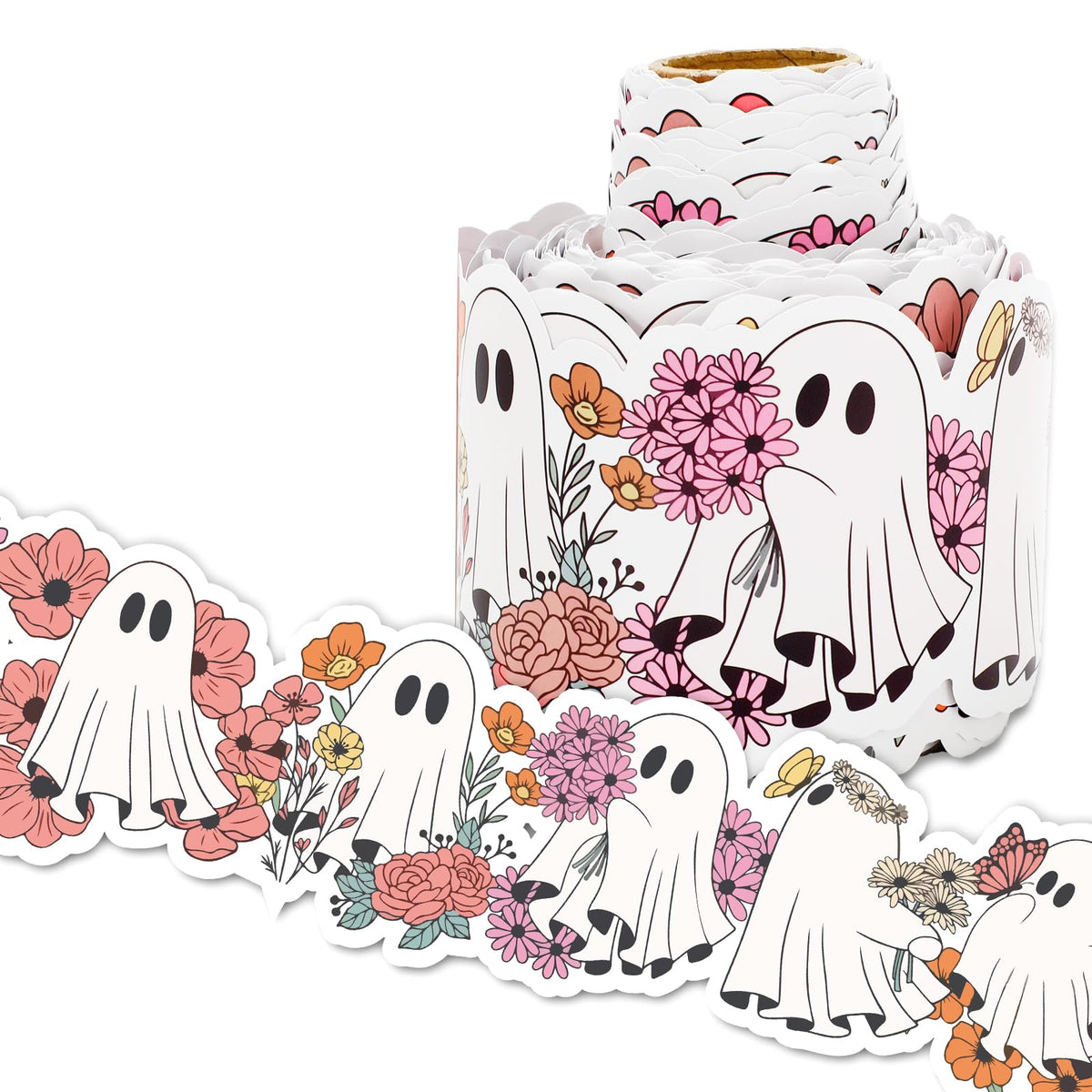 Whaline 65Ft Halloween Bulletin Board Border Cute Floral Ghost Die Cut Trim Border Roll for Home Party Classroom Chalkboard Decoration