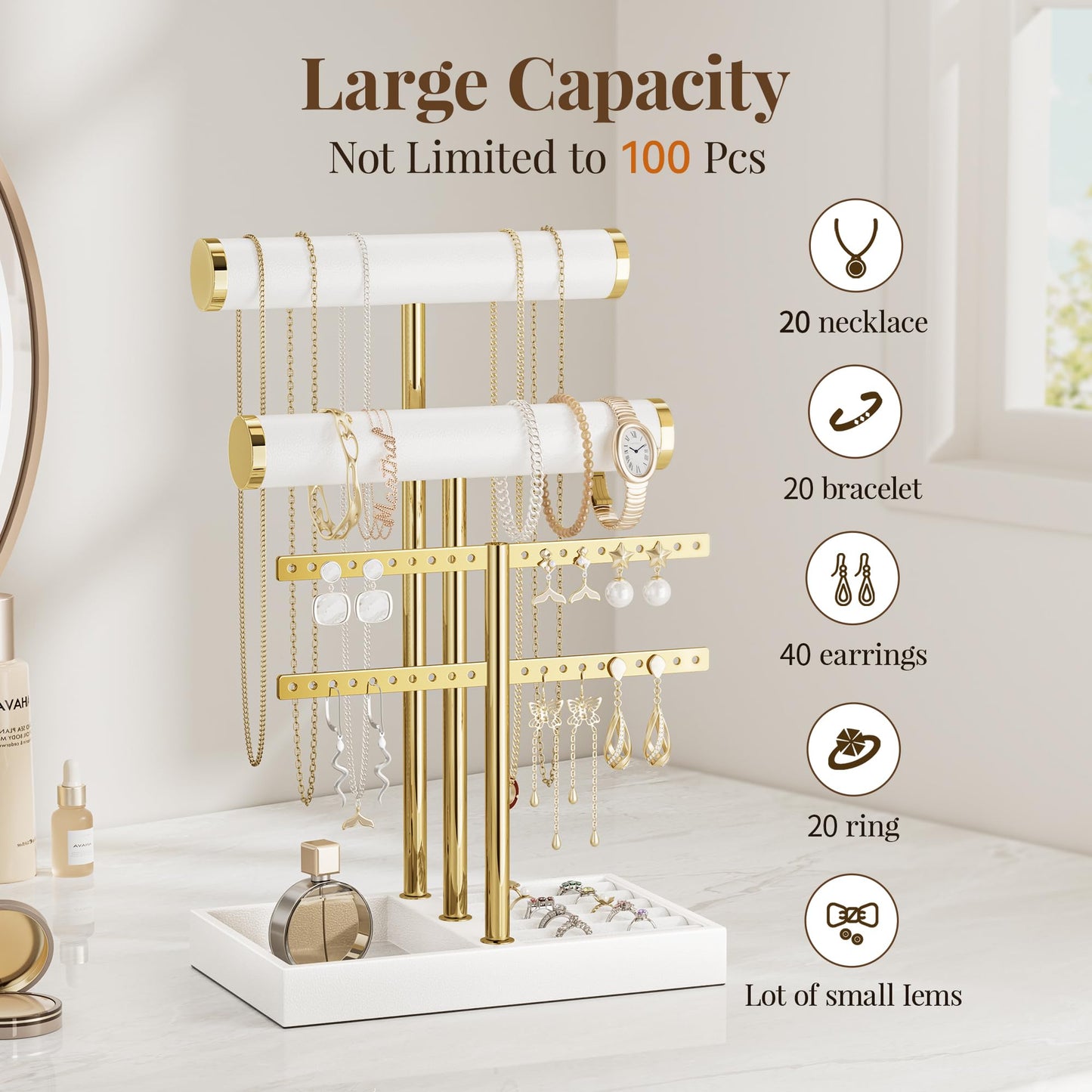 bussdis 3 Tier Bracelet Holder Display - White Leather Bracelet Holder, Detachable T Bar Jewelry Holder Organizer for Bracelet, Necklace, Earrings, Rings, Watches, Bangle