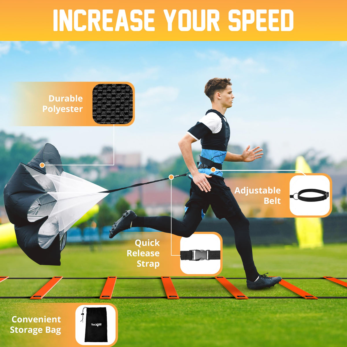 Yes4All Agility Ladder Adjustable Speed & Agility Training Equipment for All Ages, Durable Speed Ladder, Multiple Combo Sets Available, Orange,12 Agility Cones, 5 Hurdles, Jump Rope, Running Parachute