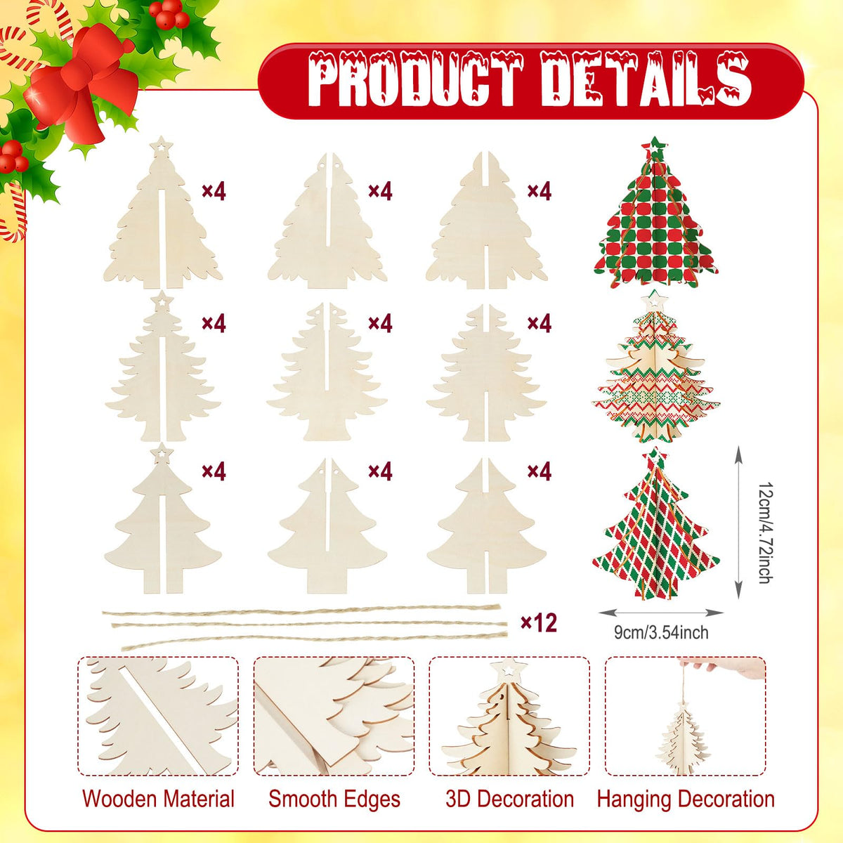 Chunful 36 Pcs Christmas Tree Wooden Crafts DIY 3D Christmas Tree Sign Xmas Unfinished Wood Cutouts Crafts Ornaments Blank Wooden Slices Hanging Decoration for Xmas Holiday Tabletop Gift
