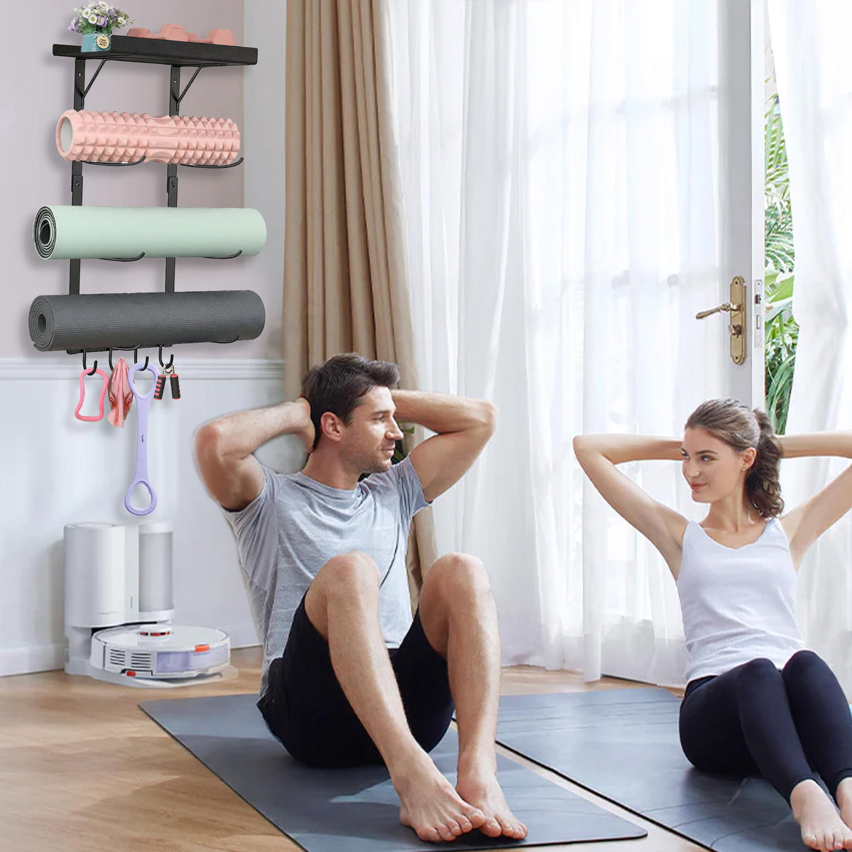 Lanasz Yoga Mat Holder Wall Mount - 4 Tier Home Gym Storage Rack with Shelf & 5 Hooks, Gym Equipment Organizer & Wall Storage for Workout Room Decor