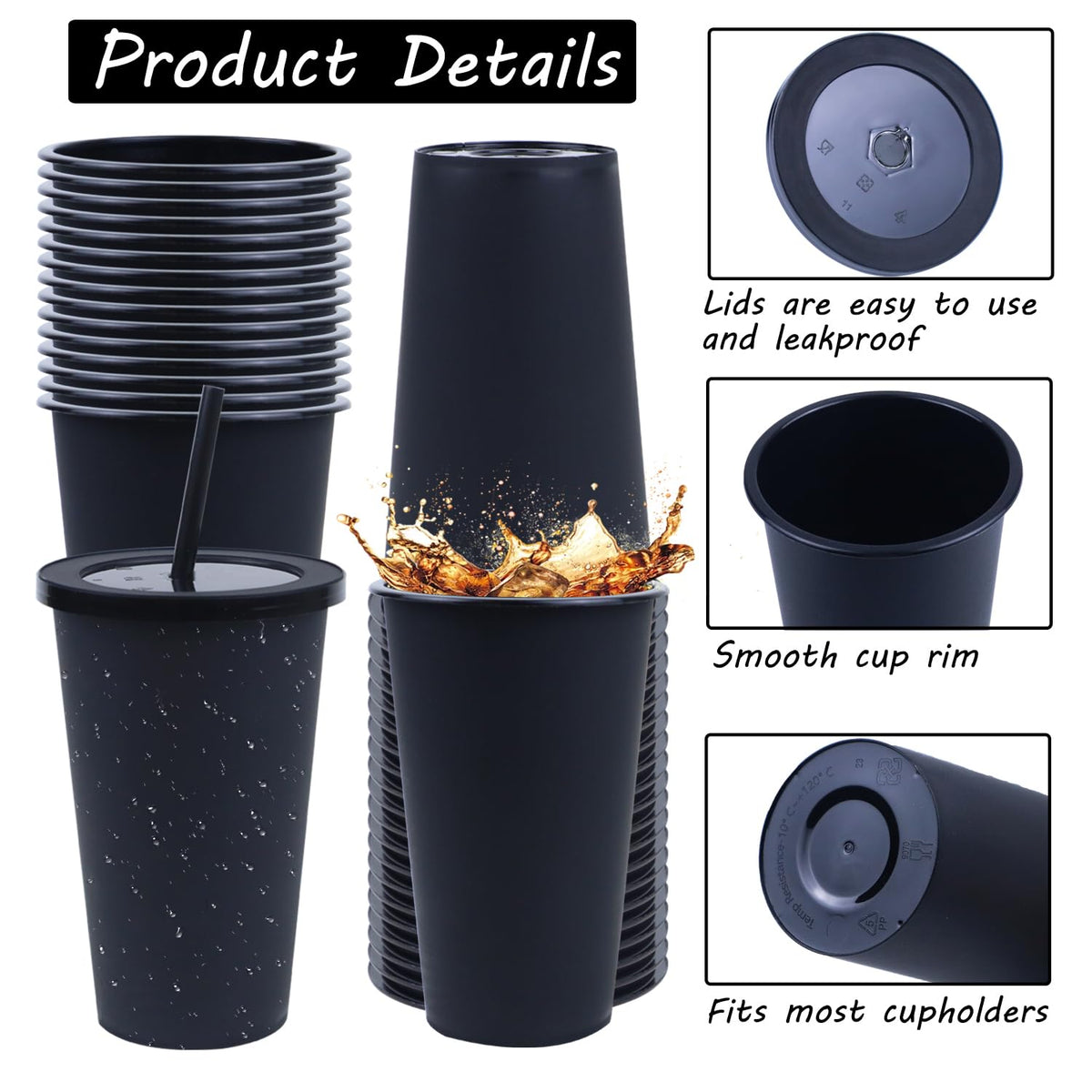 Ahongwenxi 50 Pack Black Plastic Cups with Lids and Straws, 16 oz Disposable Plastic Tumblers Iced Coffee Cups Travel Mug Cup for Juices Halloween Birthday Bachelorette Party Wedding (Black, 16 oz)