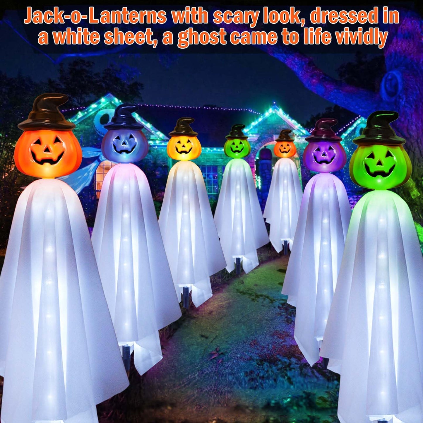 Homeleo Set of 4 Solar Pumpkin Ghost Lights for Halloween Decorations Outdoor, Light up Floating Scary Ghosts Pumpkins Witch Hat Stake Lights for Porch Yard Outside Pathway Halloween Party Decor