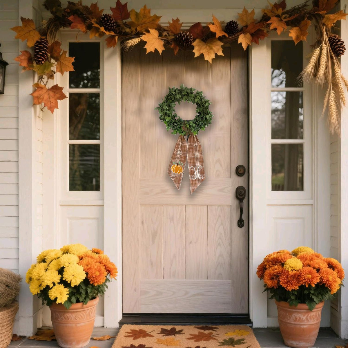Autumn Door Wreath Sash Embroidered with White Letters and Pumpkins On A Plaid Wreath Sash Ideal for Housewarming Gifts, Autumn Thanksgiving, Halloween, and Christmas Porch Decorations -T