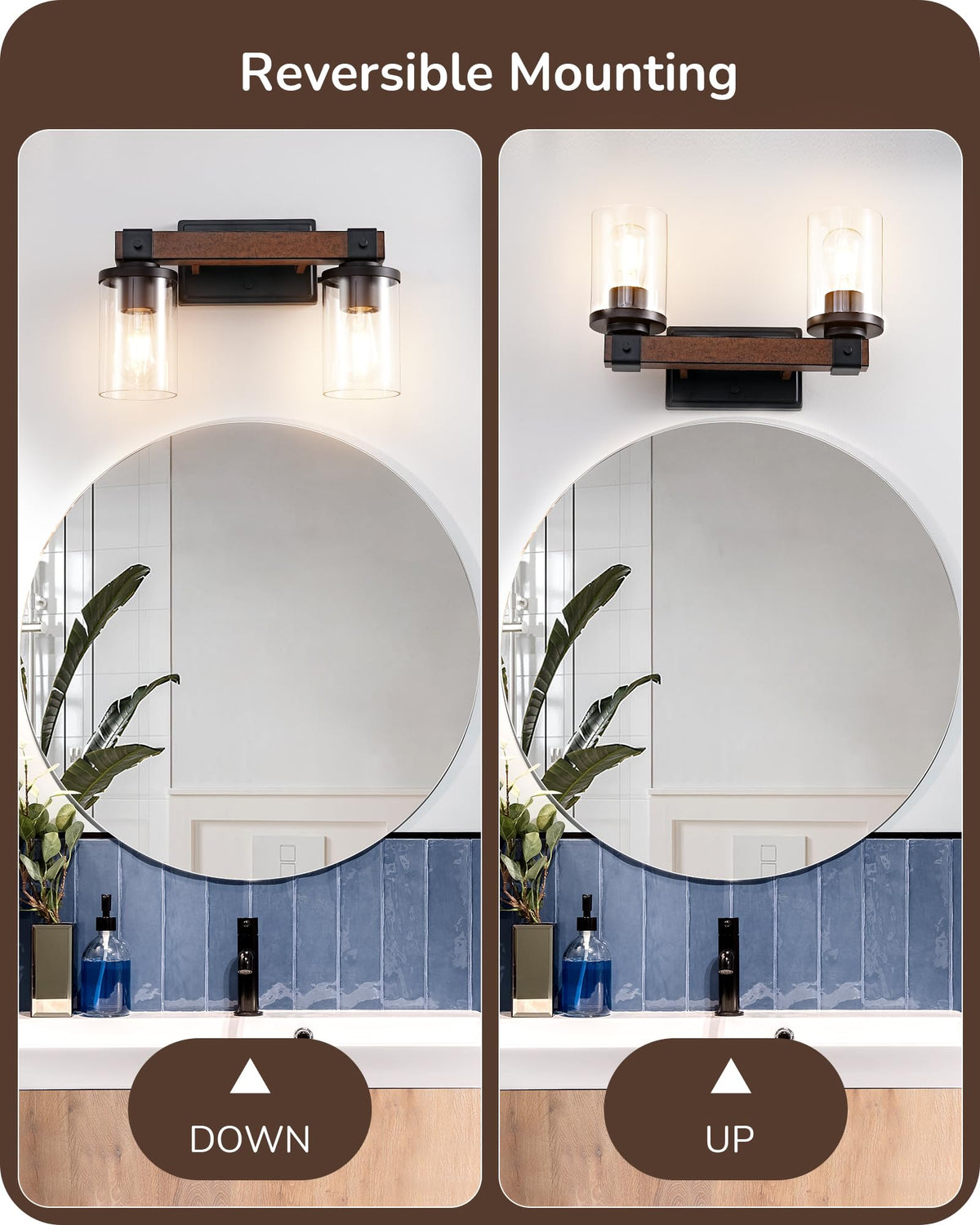 EDISHINE 2-Light Bathroom Vanity Light Fixtures, Dark Wood, Metal, Model HHVL02F, Clear Glass Shade, Ideal for Mirror and Powder Room