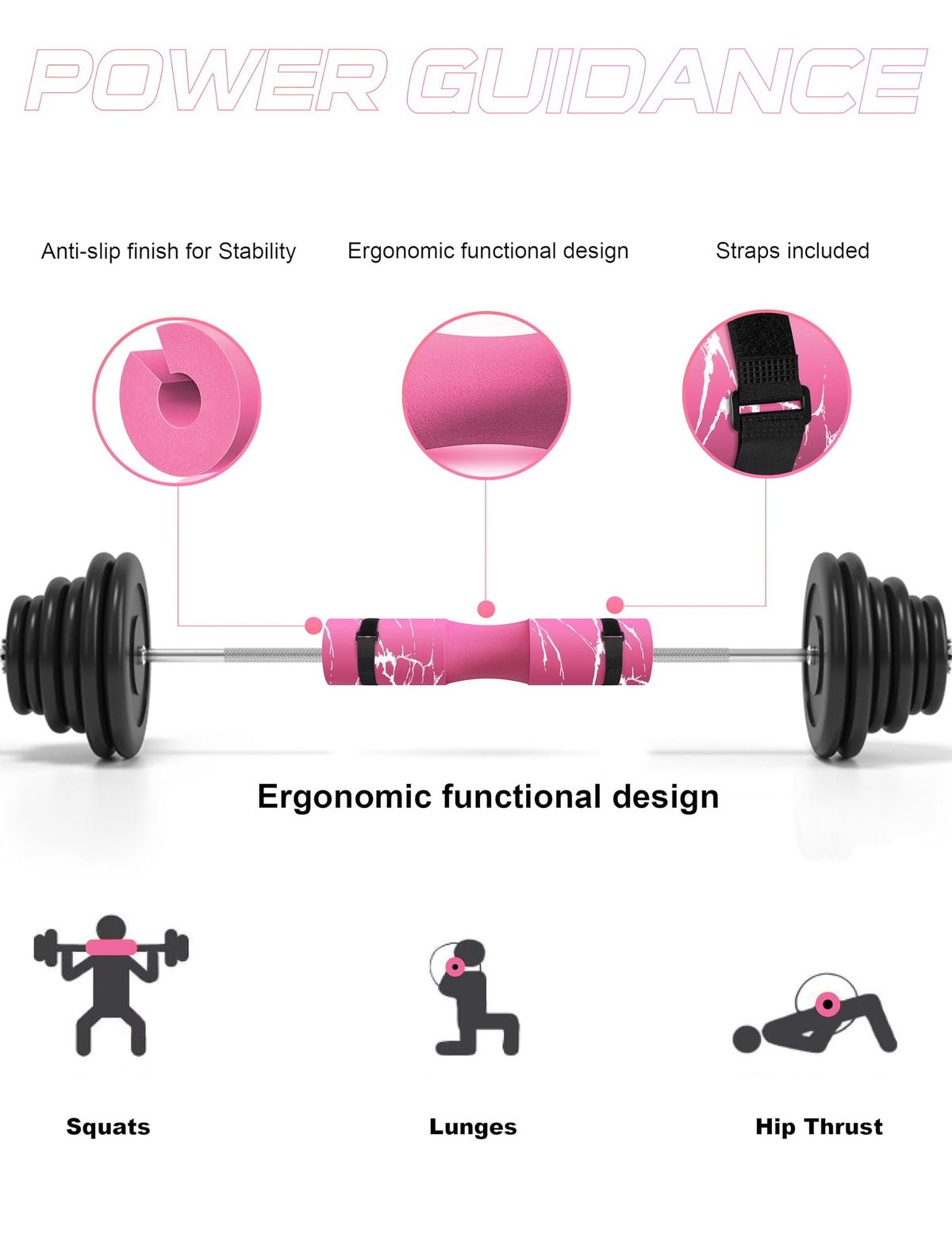 POWER GUIDANCE Barbell Squat Pad - Neck & Shoulder Protective Pad - Great for Squats, Lunges, Hip Thrusts, Weight Lifting & More - Fit Standard and Olympic Bars Perfectly,Pink Marble