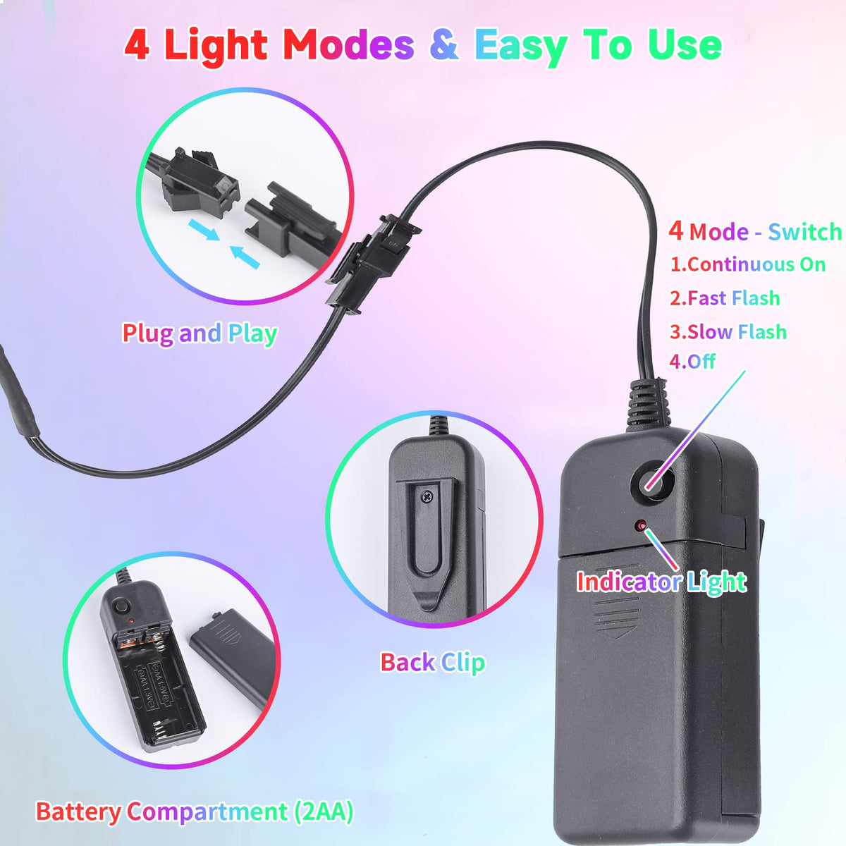 EL Wire 5in1 Portable Neon Rope Lights Strip Wearable Battery Pack Body Lights-360°Illumination Super Bright Cuttable DIY Halloween Christmas Festival Party Game Room Cosplay Costume(Ice Blue 1M)