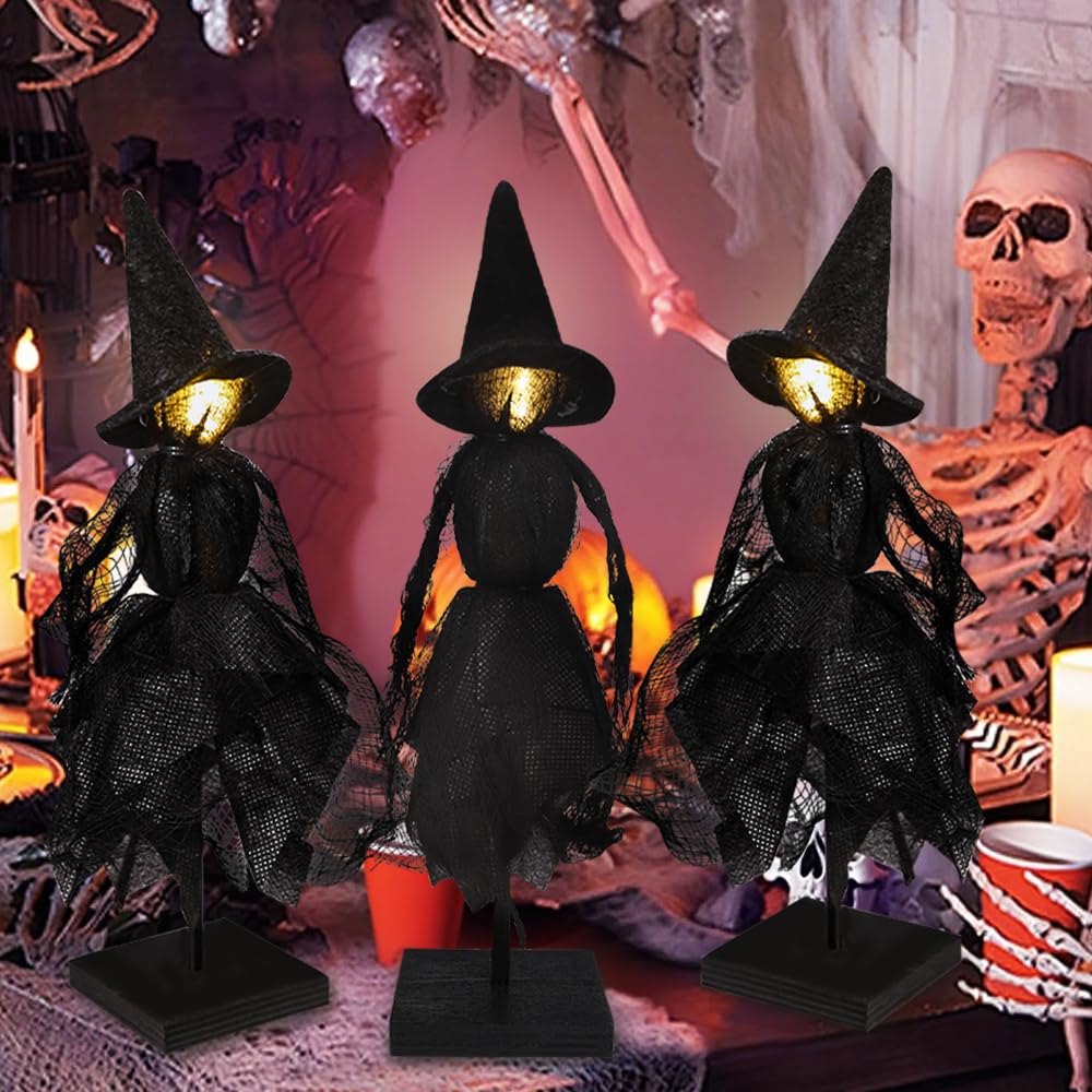 DIYDEC Witch Decorations Indoor 3pcs Primitive Halloween Witch on Wooden Stand with LED Halloween Table Centerpieces Signs for Home Shelf Mantels Kitchen Indoor Decorations Gifts
