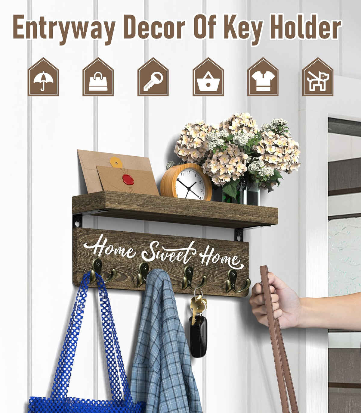 buways Wall-Mounted Key and Mail Holder, Wooden Key Rack with 4 Double Key Hooks, Rustic Home Decor for Entryway