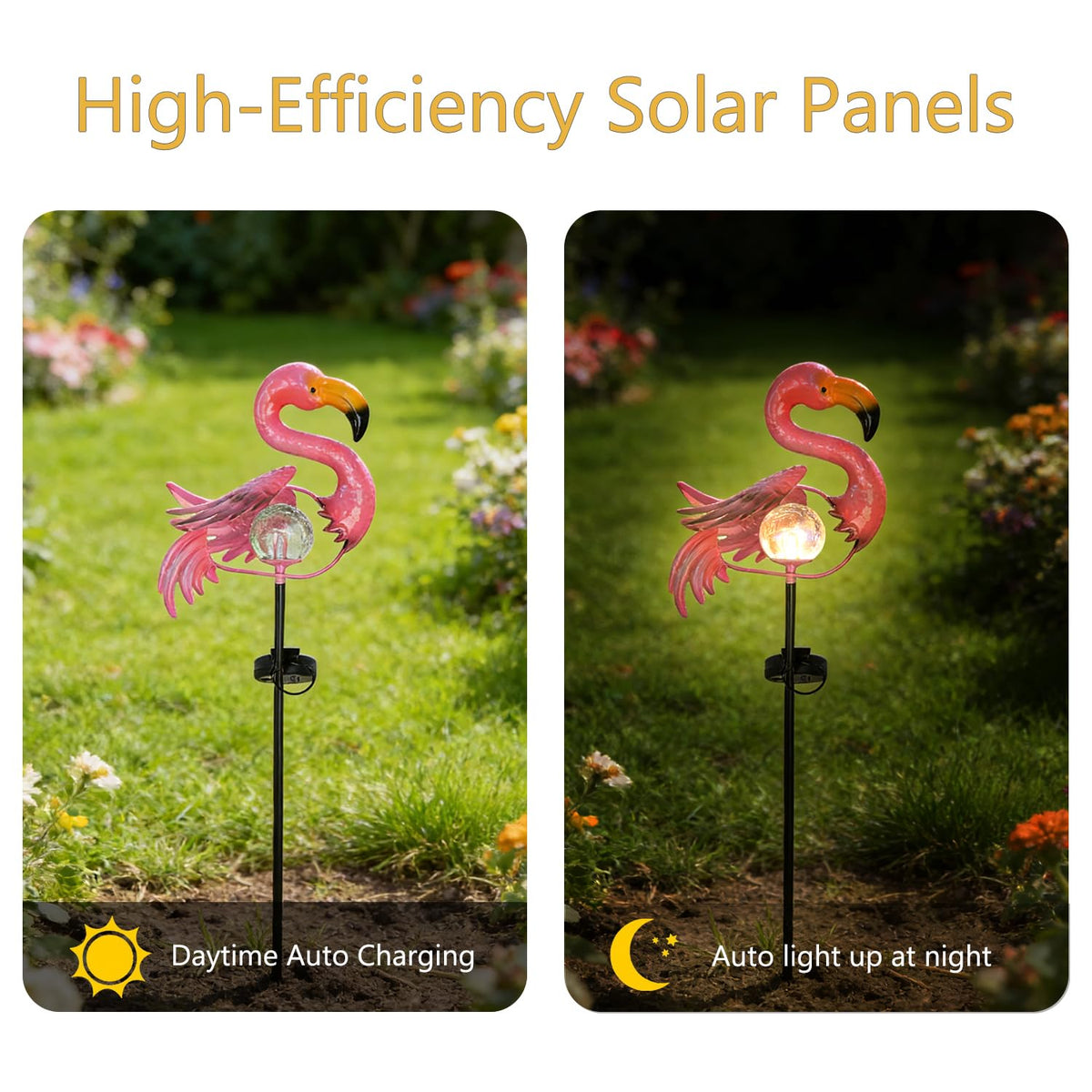 Pink Flamingo Lawn Light Garden Decor Solar Lights, for Yard Outdoor Decorations Ground Inserted Outdoor Waterproof Garden Lamp with Crackle Glass Ball LED (Warm White)